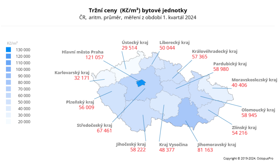 tržní cena bytu 1Q 2024, celá čr